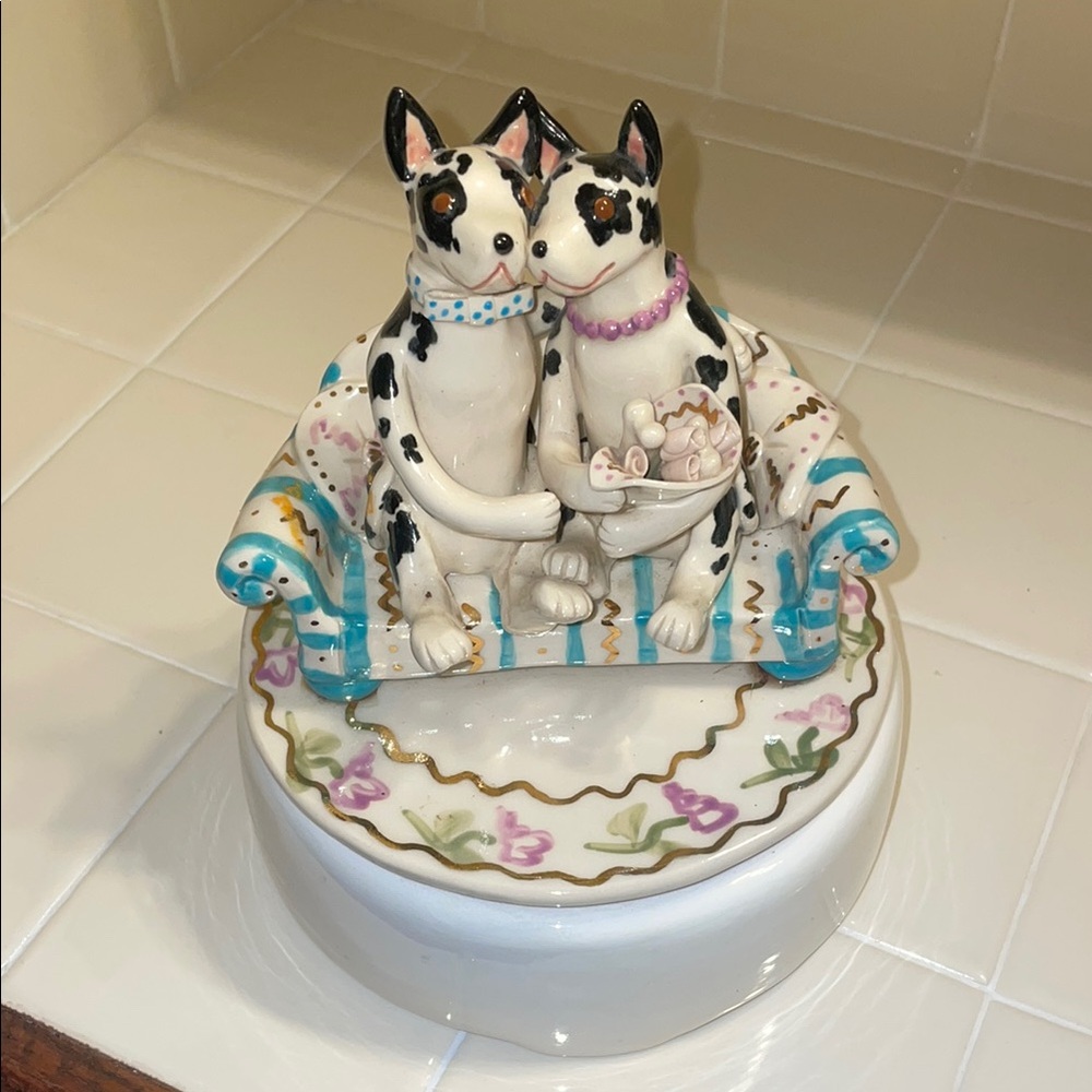 Hand Made Ceramic Great Dane Dog Figurine on Decorative Music Box Base GUC
